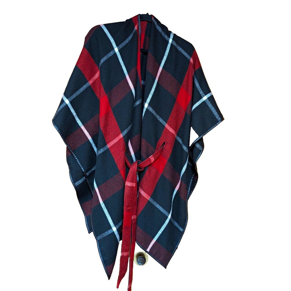 Tantrums Plaid Ruana Wrap Poncho One Size Black Red Faux Leather Trim Belted OS